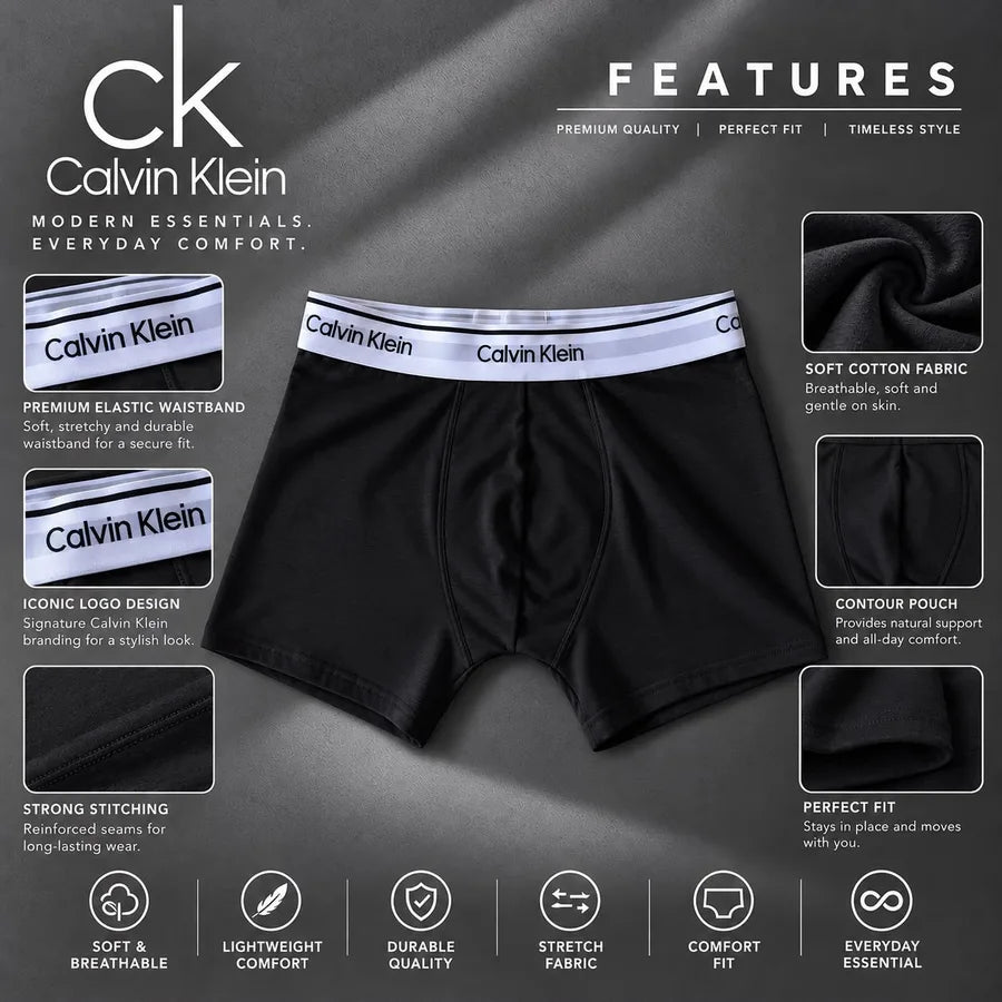 Black CK-style men's boxer briefs with product features