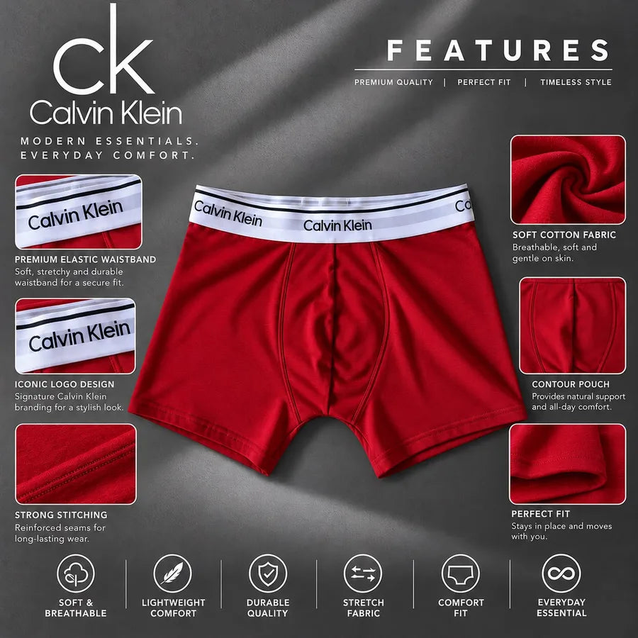 Red CK-style men's boxer brief showing waistband, stitching and fitted cut