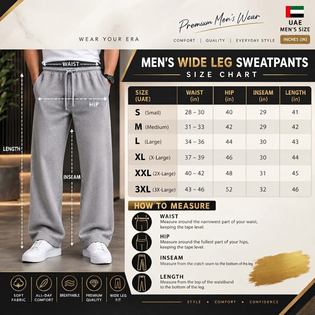 Aura DXB men's wide leg trousers UAE size chart