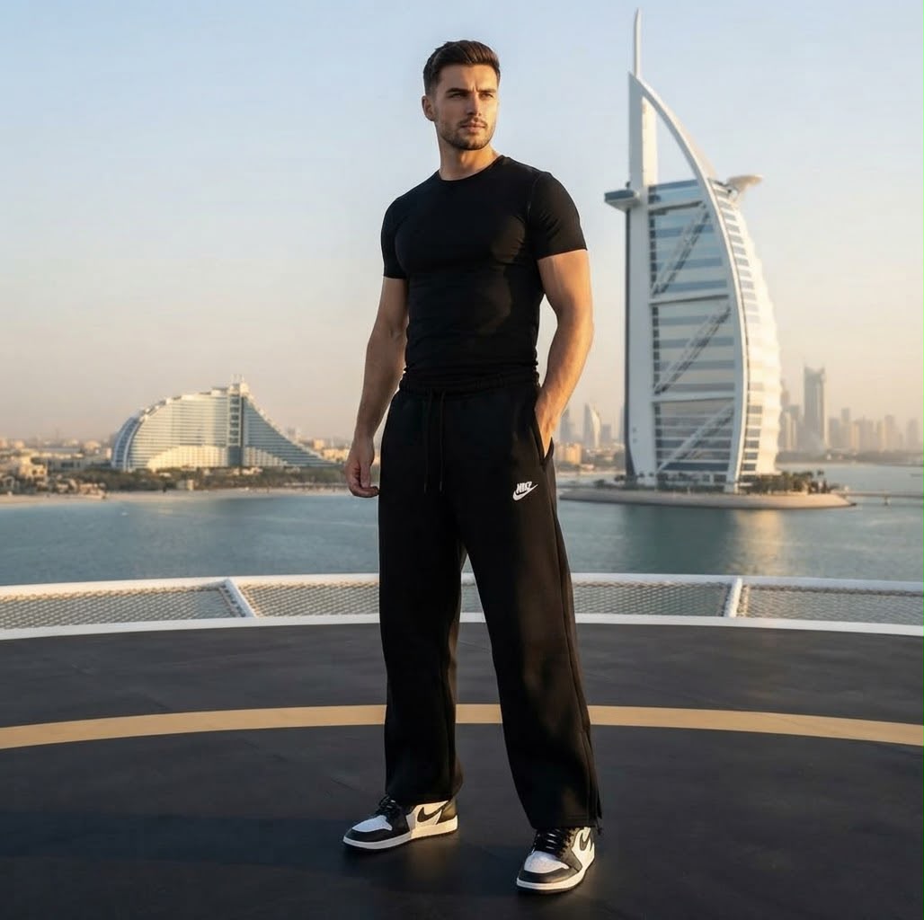 Black Nike wide leg trousers styled in Dubai