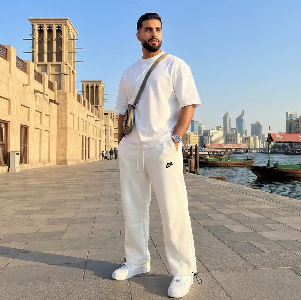Off-white Nike wide leg trousers styled in Dubai