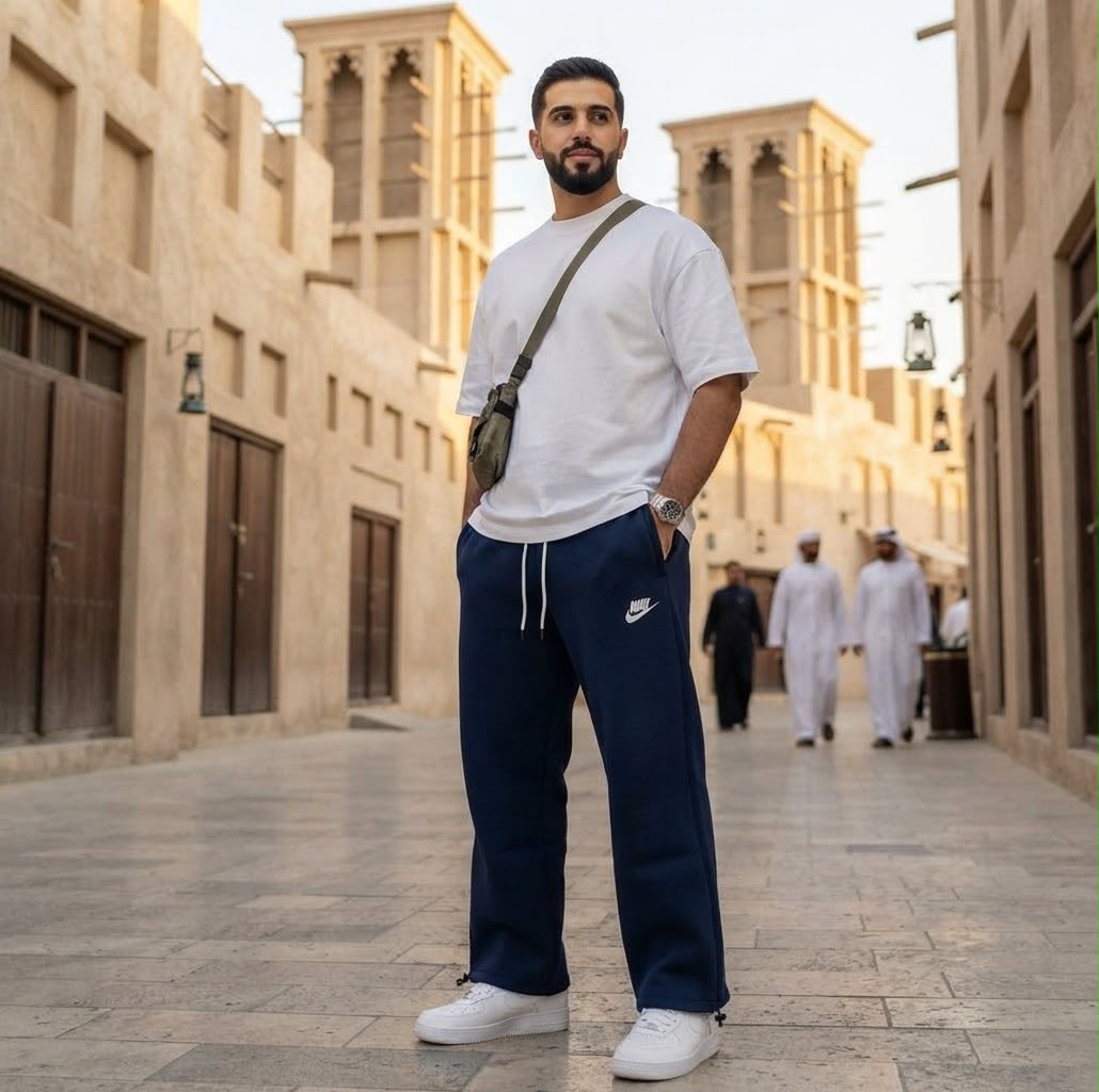 Navy blue Nike wide leg trousers streetwear look