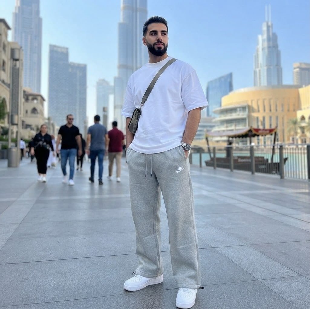 Grey Nike wide leg trousers streetwear look